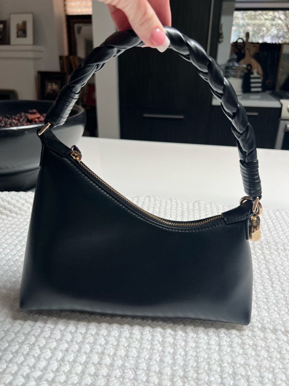 AUPEN Black Leather Braided-Handle Shoulder Bag with Gold Hardware